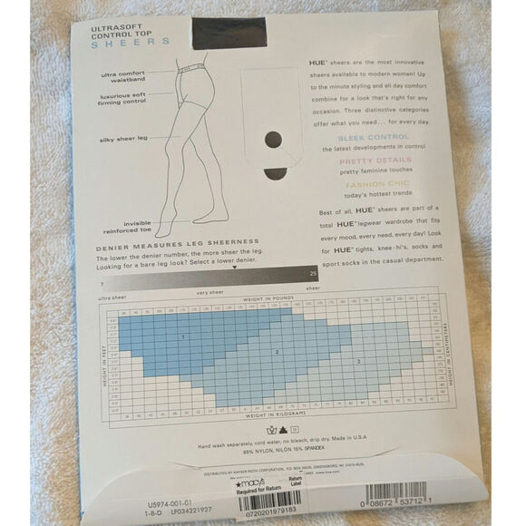 Hue Control Top Sheer Pantyhose, Size 1 NIP, Black Sheer - Picture 2 of 3